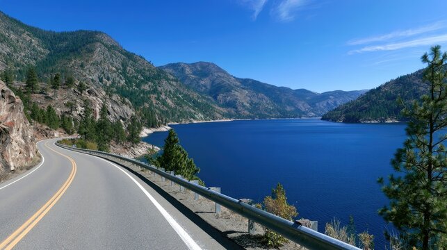 Winding highway hugs a deep blue reservoir nestled among rugged mountains