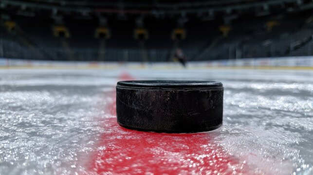 Close-up on hockey puck on red line of ice rink, arena seats blurred background