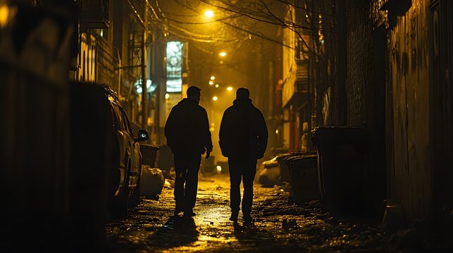 Two silhouetted figures walk down a dimly lit urban alley at night, shadows cast by streetlights, conveying tension and secrecy. Urban crime scene with clandestine activity under artificial glow.