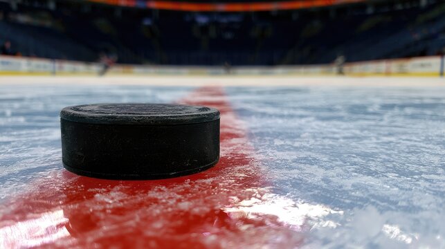 Close up of a black hockey puck on a red line on an ice rink