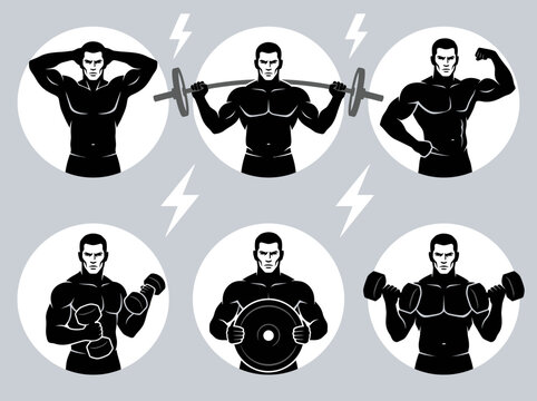 Bodybuilding and Fitness Icons Vector Set - Male Silhouettes Lifting Weights