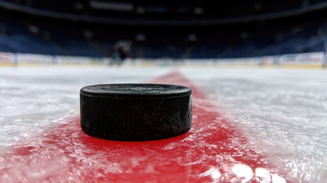 Close-up of a hockey puck on a red line on a skating rink with blurred spectators