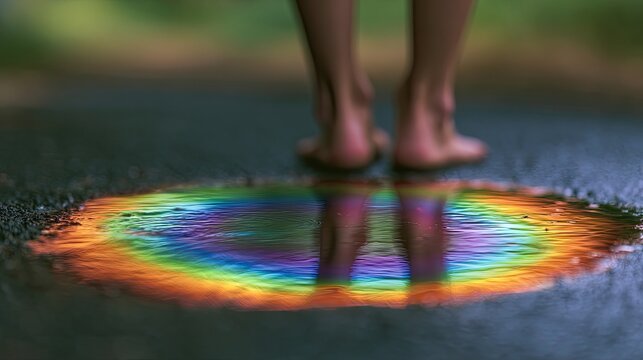 Bare feet stand above a vibrant rainbow-colored puddle on asphalt