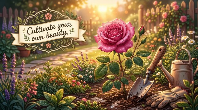 Beautiful garden scene with pink rose, gardening tools, and inspirational quote 'Cultivate your own beauty'