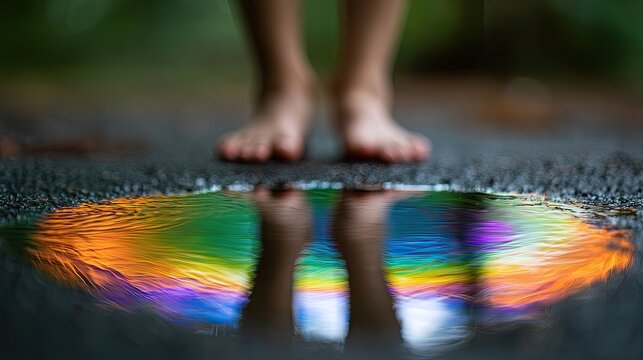 Bare feet standing near a puddle reflecting colorful light patterns