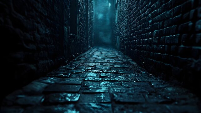 Dark cobblestone alleyway with wet stones and shadowy brick walls under eerie blue light, atmospheric tension for crime or mystery scenes --chaos 5 --ar 16:9 --stylize 350 --v 6.