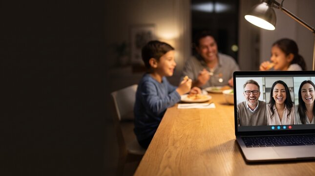 Happy family having dinner while video calling relatives on a laptop at home.