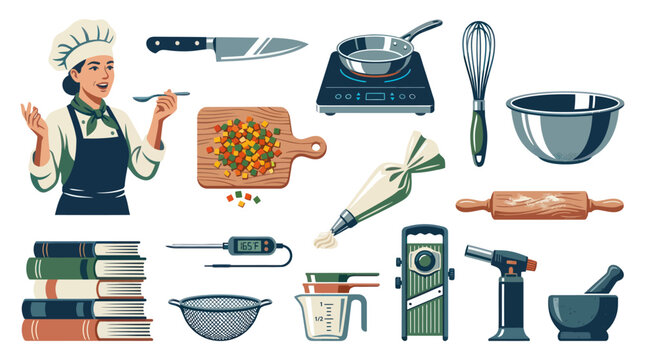 Professional Chef and Essential Kitchen Tools Flat Vector Illustration Set for Cooking, Baking, and Culinary Arts
