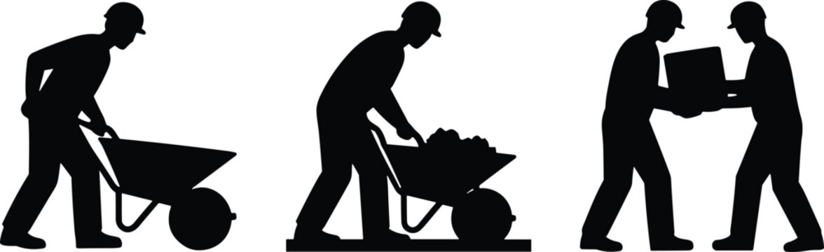 Construction worker silhouettes pushing wheelbarrow and lifting heavy box isolated on white background