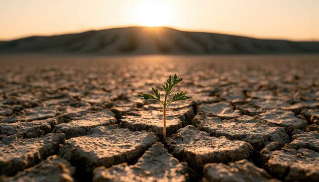 Delicate sprout emerges from parched, cracked earth against a setting sun