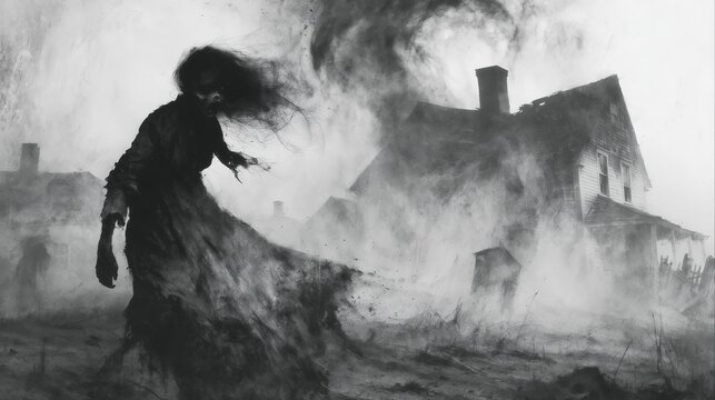 Mysterious figure walks through a stormy landscape near an old house with dark clouds above