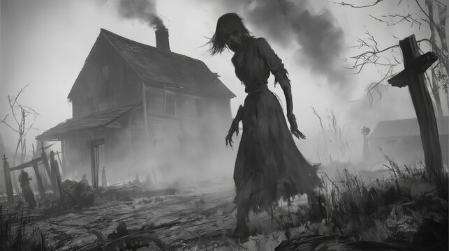 Dark figure walks in a foggy graveyard near a broken-down house with smoke rising