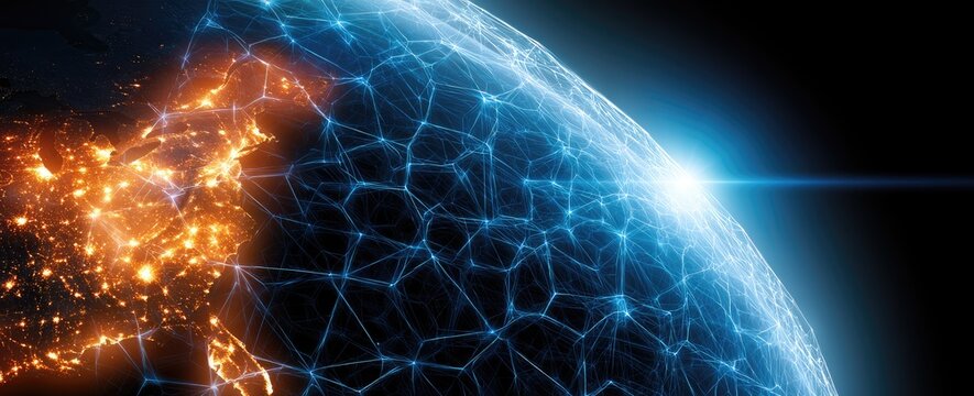 Glowing planet with interconnected network overlay and sunburst light