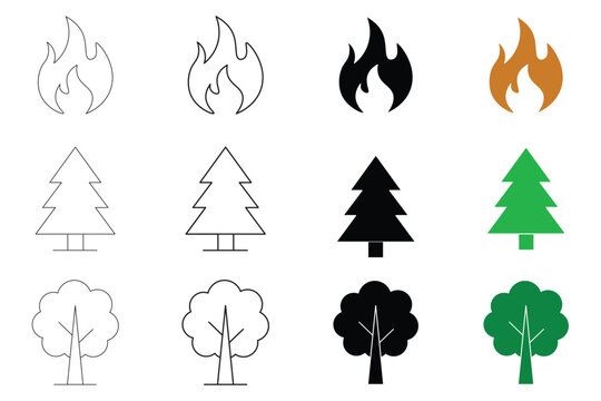 Nature elements icon set with fire flame pine tree and deciduous tree in line art and silhouette styles vector
