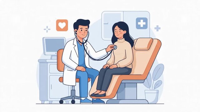 Doctor examining patient with stethoscope in a modern medical clinic setting featuring flat vector animation style for healthcare communication and educational digital media motion footage