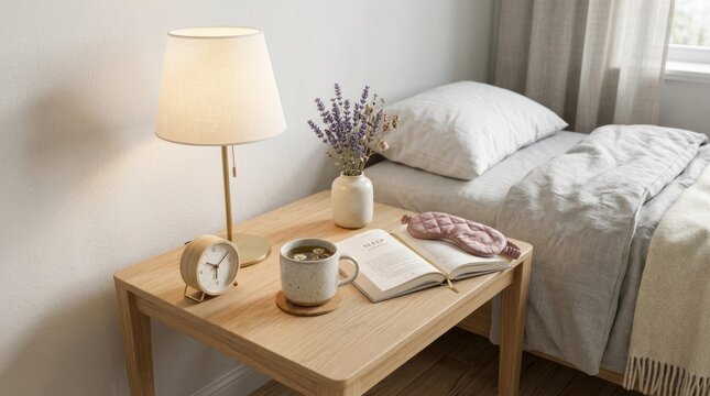 A cozy bedroom scene with a wooden bedside table holding a cup of tea, a book, and a small vase of lavender. The room has a soft, neutral color palette with white walls and a light gray bedspread.