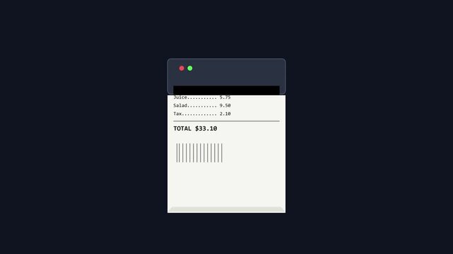 Animated store receipt printing transaction summary with total price calculation animation 4k purchase