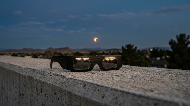 Solar eclipse viewing glasses resting on a concrete ledge at dusk.