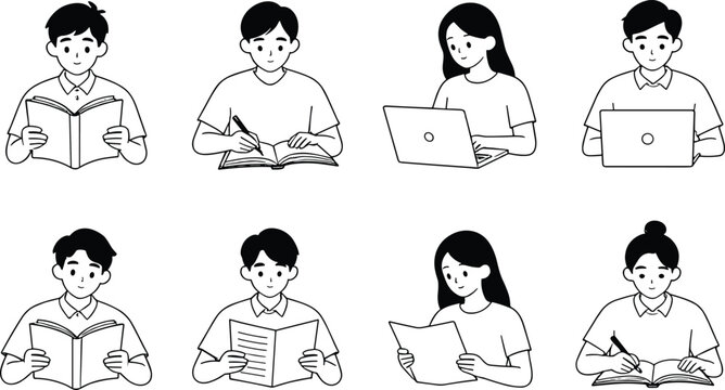 Vector Line Art Bundle of Young People Studying Reading and Working on Laptops