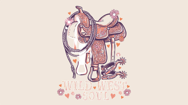 Wild west soul. Vintage cowgirl saddle with flowers and lasso. Western adventure print design for t shirt. Boho desert style graphic.