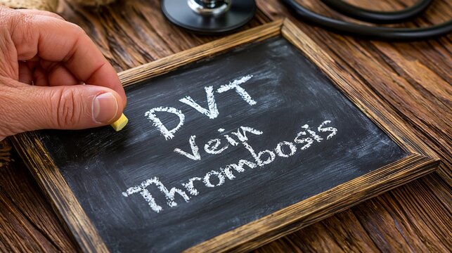 A hand writing on a chalkboard about DVT or deep vein thrombosis with a stethoscope