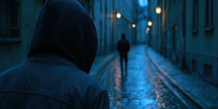 Lone figures in dark, wet alleyway with faint streetlights
