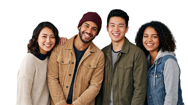 Group of four diverse young adults smiling in casual autumn or winter outfits