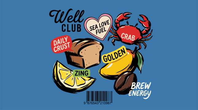 Eat well live well. Food club vintage artwork. Organic local market design. Retro kitchen graphic print.. Well club. Sea love fuel. Healthy food vinta