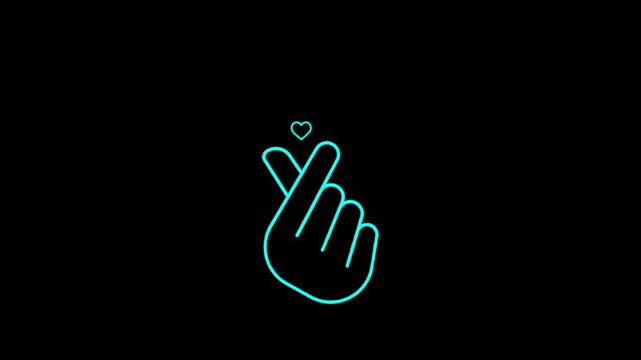 Korean heart hand gesture in glowing blue neon light flickers on dark background motion footage
