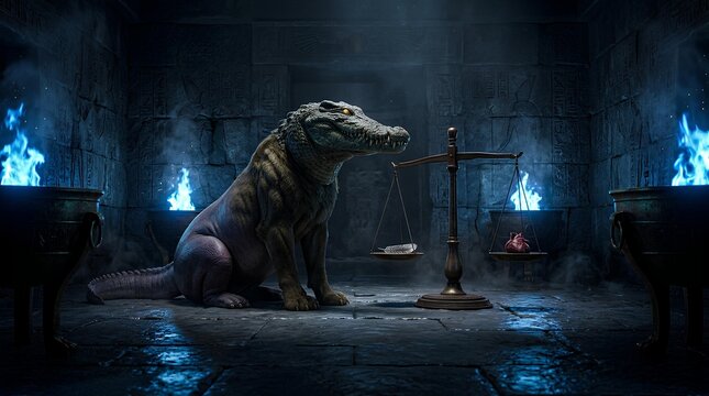 Ammit the Devourer of Souls Guarding the Sacred Scales in the Egyptian Underworld