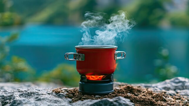 Red pot steams over portable stove on rocky ground with lake background