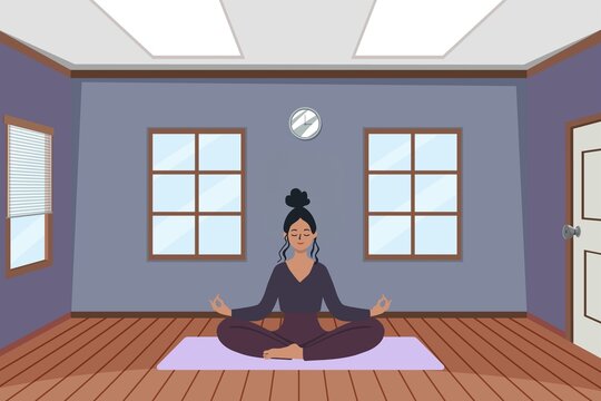 Vector flat illustration of a woman practicing yoga in a spacious studio room. Female character meditating in lotus pose on a purple mat with a wooden floor and windows background.