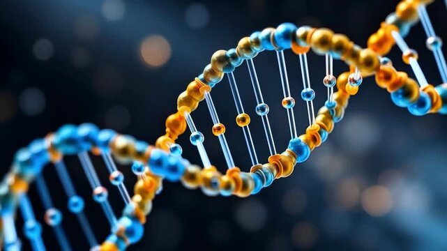 A highly detailed and visually stunning 3D representation of a DNA double helix molecule, featuring intricate blue and gold spherical atoms connected by transparent bonds.