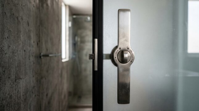 Modern glass door handle detail in contemporary bathroom interior.