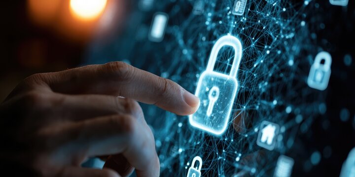 A digital padlock illuminates a dark network as a finger touches its center