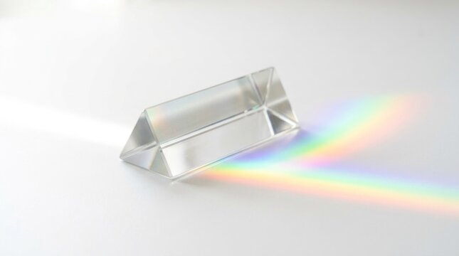 A transparent prism with a rainbow spectrum of colors on its surface, placed on a white background with a soft shadow.