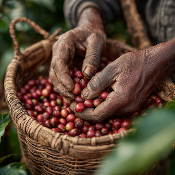 One coffee plantation worker is collecting ripe coffee cherries.