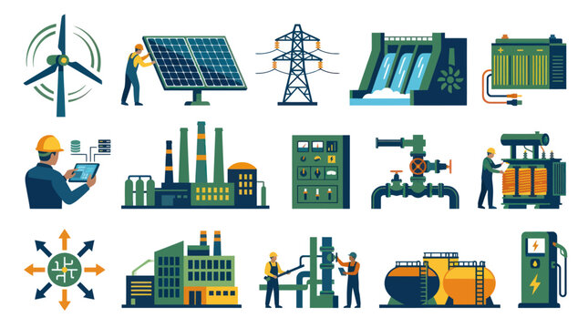 Flat Style Vector Icons of Energy Industry Power Generation and Distribution Systems