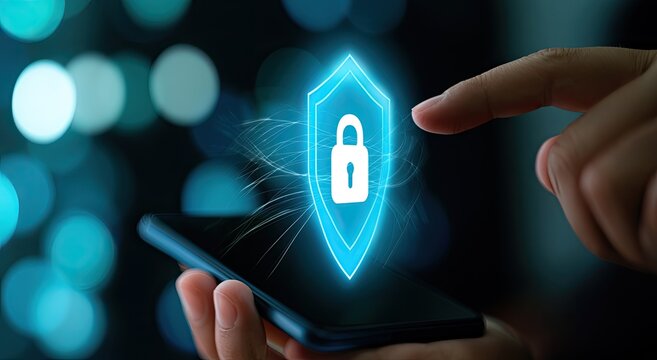 Finger touches glowing shield icon with lock over smartphone screen, digital security