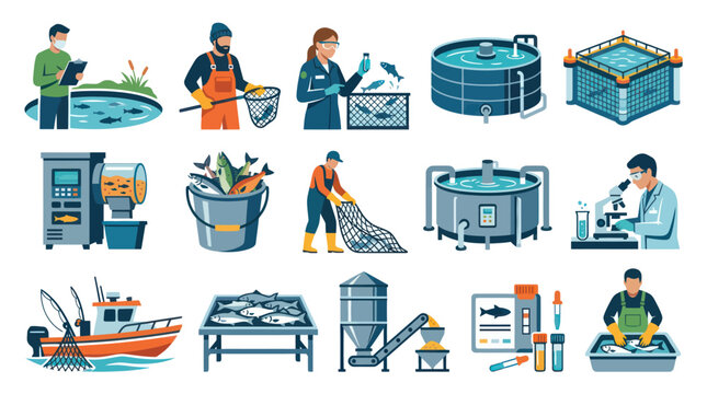 Aquaculture and Fish Farming Flat Design Vector Icons Set. Fishery Production, Processing, and Research Activities.