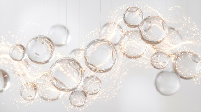 A modern, abstract light fixture with transparent glass spheres and golden threads, hanging from the ceiling in a white room with a soft, blurred background.