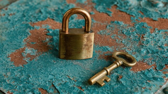 Aged brass padlock and antique skeleton key on weathered, peeling paint surface