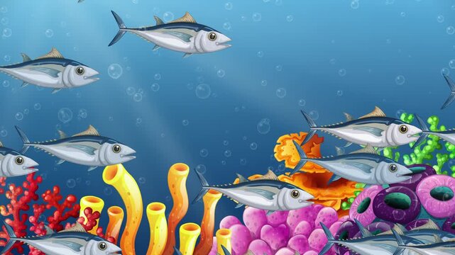 Animated School of Tuna Swimming Over Vibrant Tropical Coral Reef