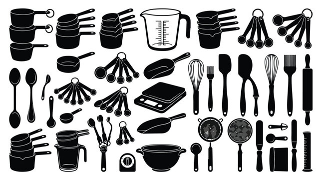 Baking and cooking tools silhouette collection, professional kitchen utensils set in black EPS format, culinary equipment icons for recipe design