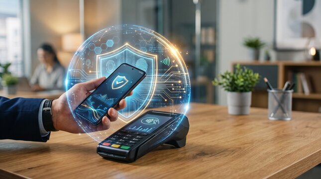 Secure mobile payment with digital shield hologram, contactless smartphone transaction at POS terminal, cybersecurity and data protection concept