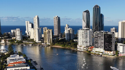 Fototapeta premium Aerial View of Modern Skyscrapers Along Gold Coast River Canal