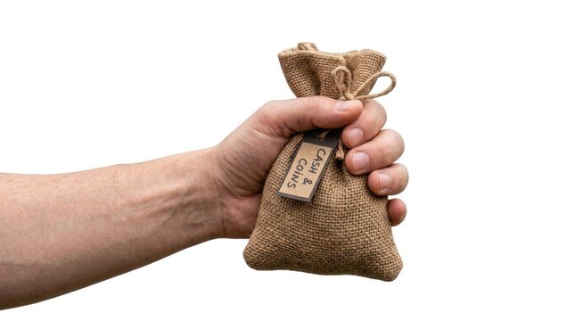 A hand holding a small, brown, burlap bag with a tag that reads 'Cash & Cuts'
