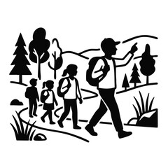 Obraz premium Adolescent leading nature walk. Black and white vector illustration. Teenager guiding children on hiking trail isolated on transparent background