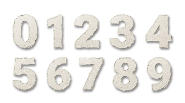 A set of white paper cut-out numbers arranged in a 3x3 grid on a white background.