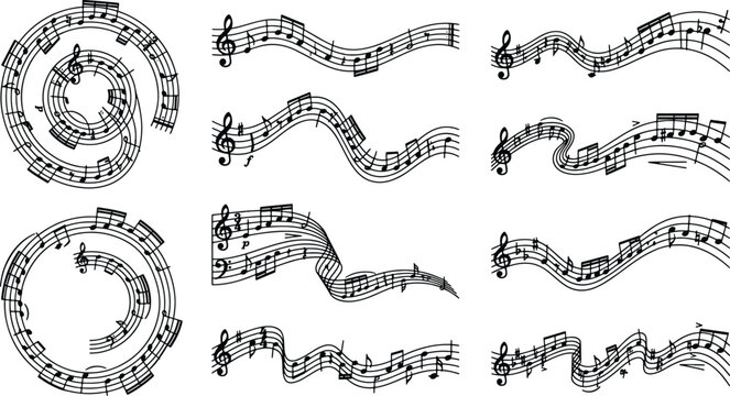 Set of musical notes and symbols arranged in circular and wavy patterns with abstract illustration circular composition classical performance rhythmic creative decoration instrument